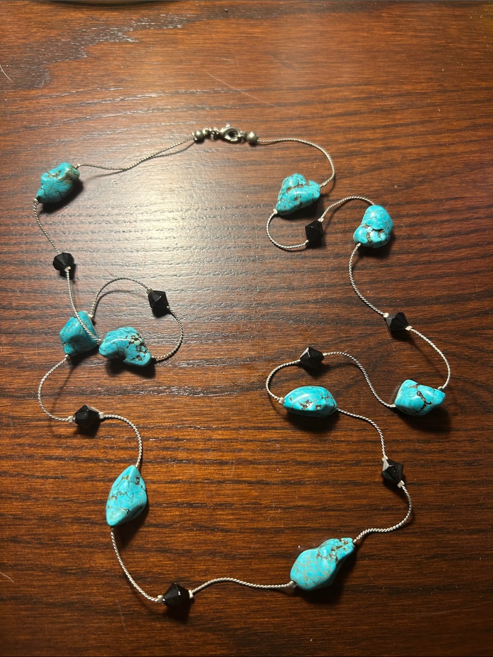Turquoise Stone and Black Bead Long Necklace - Women Jewelry